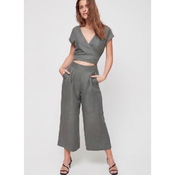 Wilfred Pants - Aritzia Wilfred Revolve Brax Linen Blend Jumpsuit Sagesse Grey Green Wrap sz 8